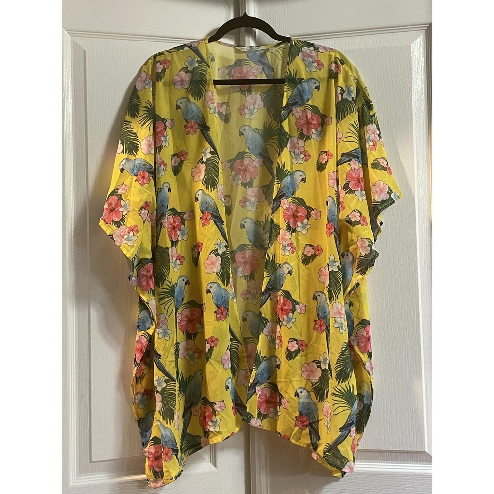 Soft Surroundings Blouse Womens One Size Yellow Parrot Floral Kimono Top Boho